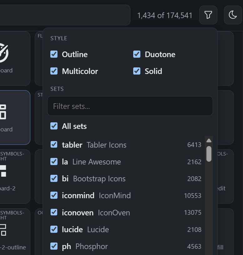 Icon browser filter panel with style checkboxes and the list of icon sets with counts