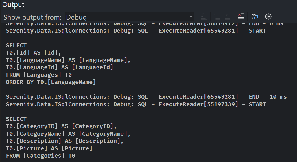 SQL logging in debug console