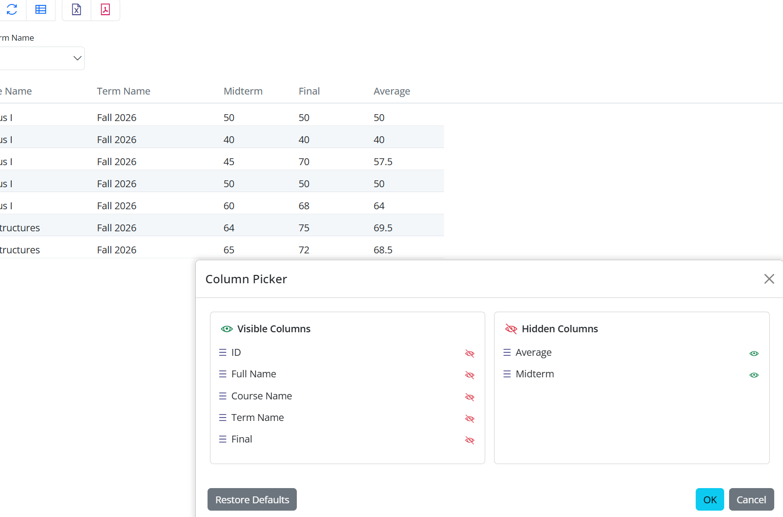 Columns picker in the grid