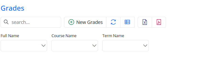 Excel and PDF export buttons in the toolbar