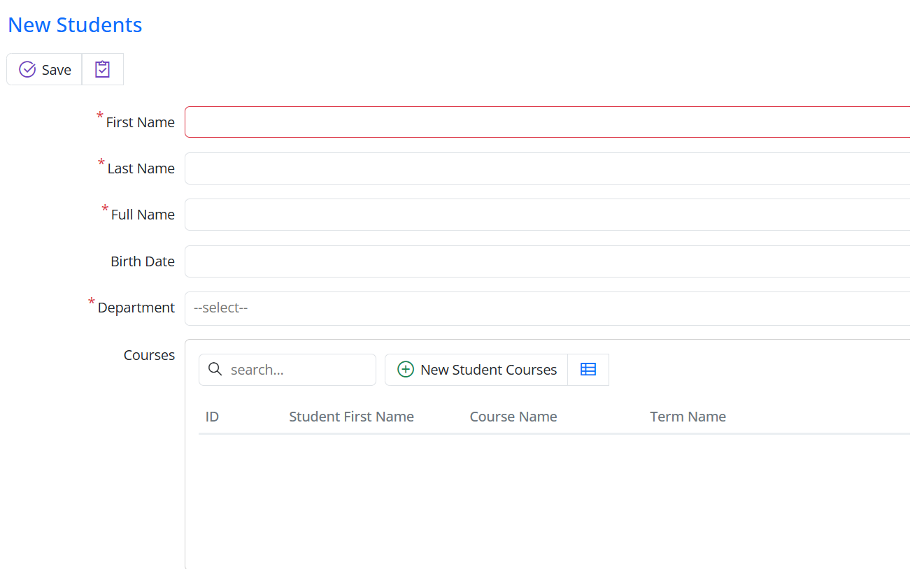 Student dialog with the StudentCourses grid editor
